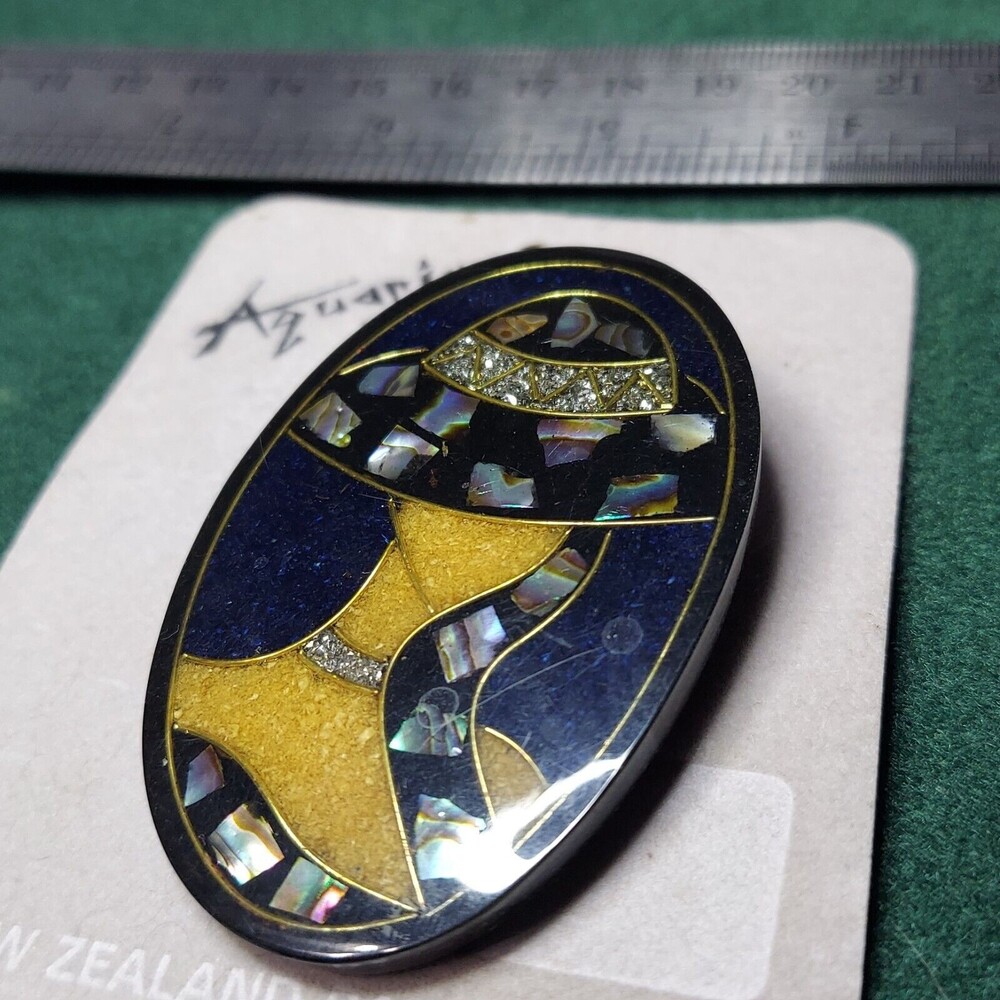 Pin Aquarius lady in hat Art deco New Zealand Paua Shell 2 3/4 in
